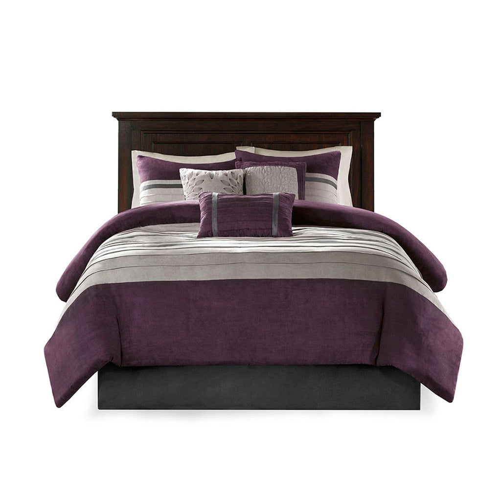 Faux Suede 7 Piece Queen Comforter Set with Embroidered Pillows - Purple