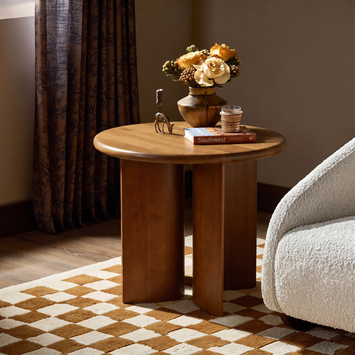 Walnut Finish Pine Wood Round Side Table with Fan-Shaped Legs - Walnut