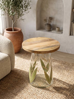 Round Glass Side Table with Hand-Painted Glass Base and Wood Top