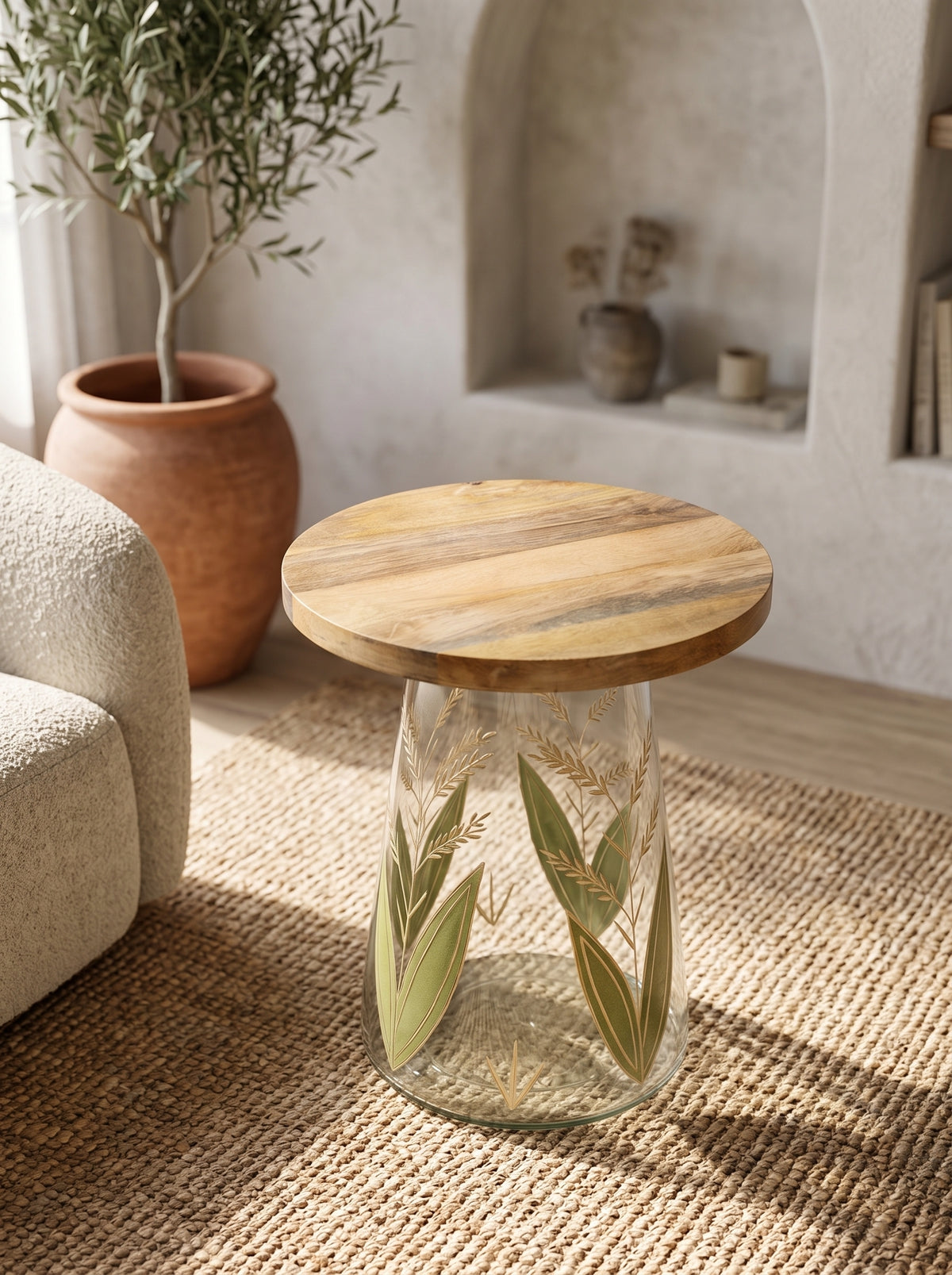 Round Glass Side Table with Hand-Painted Glass Base and Wood Top