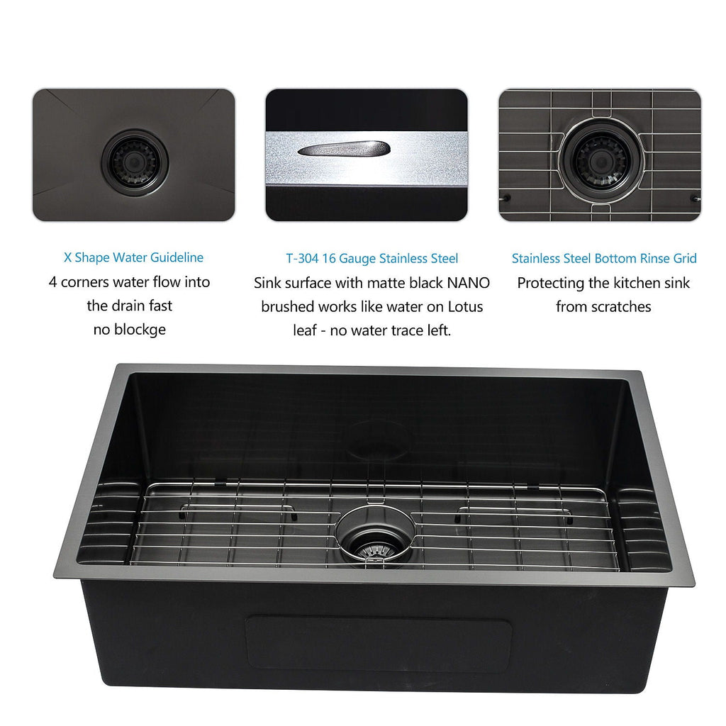 28" Undermount Kitchen Sink with 16 Gauge Steel - Gunmetal Black