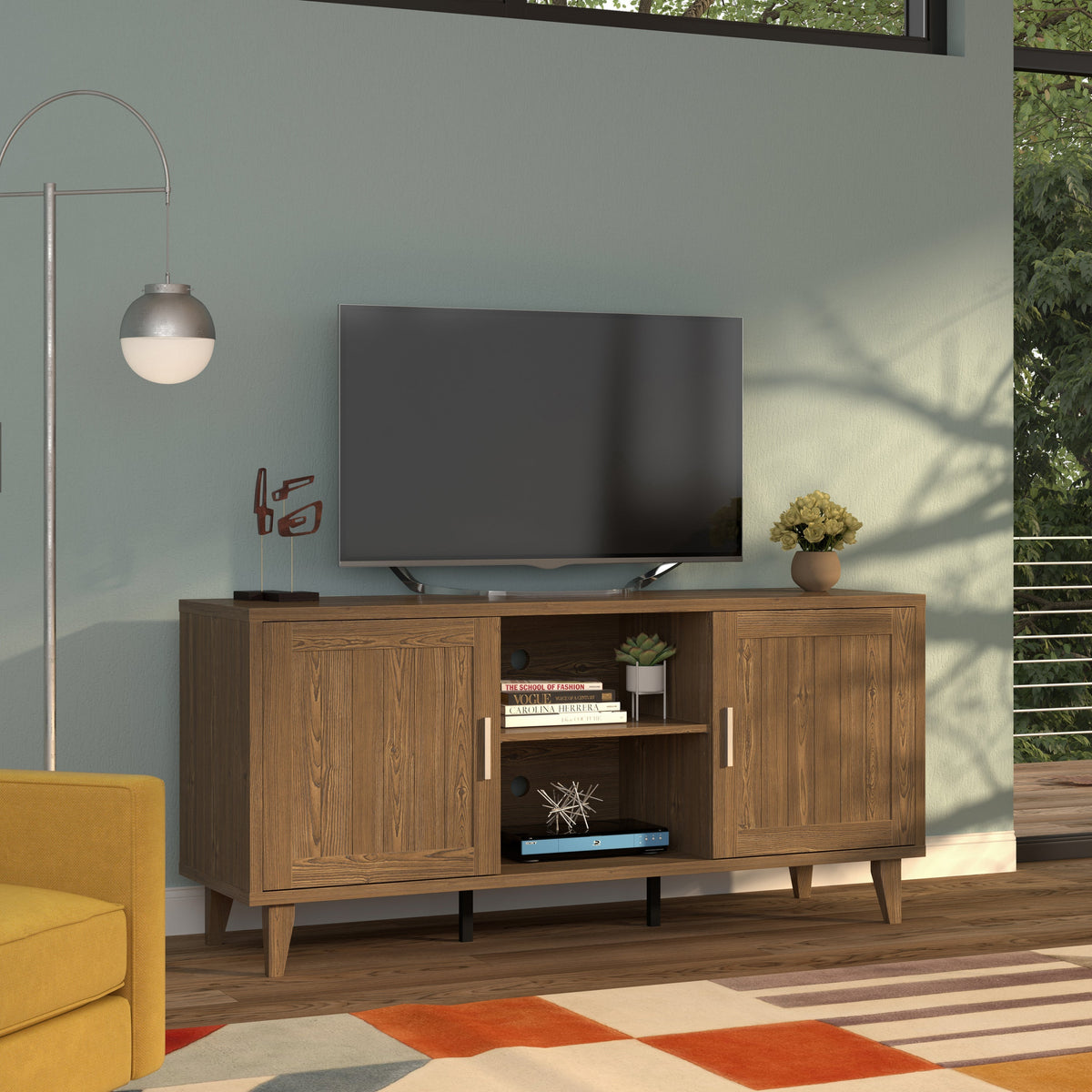 Modern 60 Inch TV Stand with Storage & Cable Management - Walnut