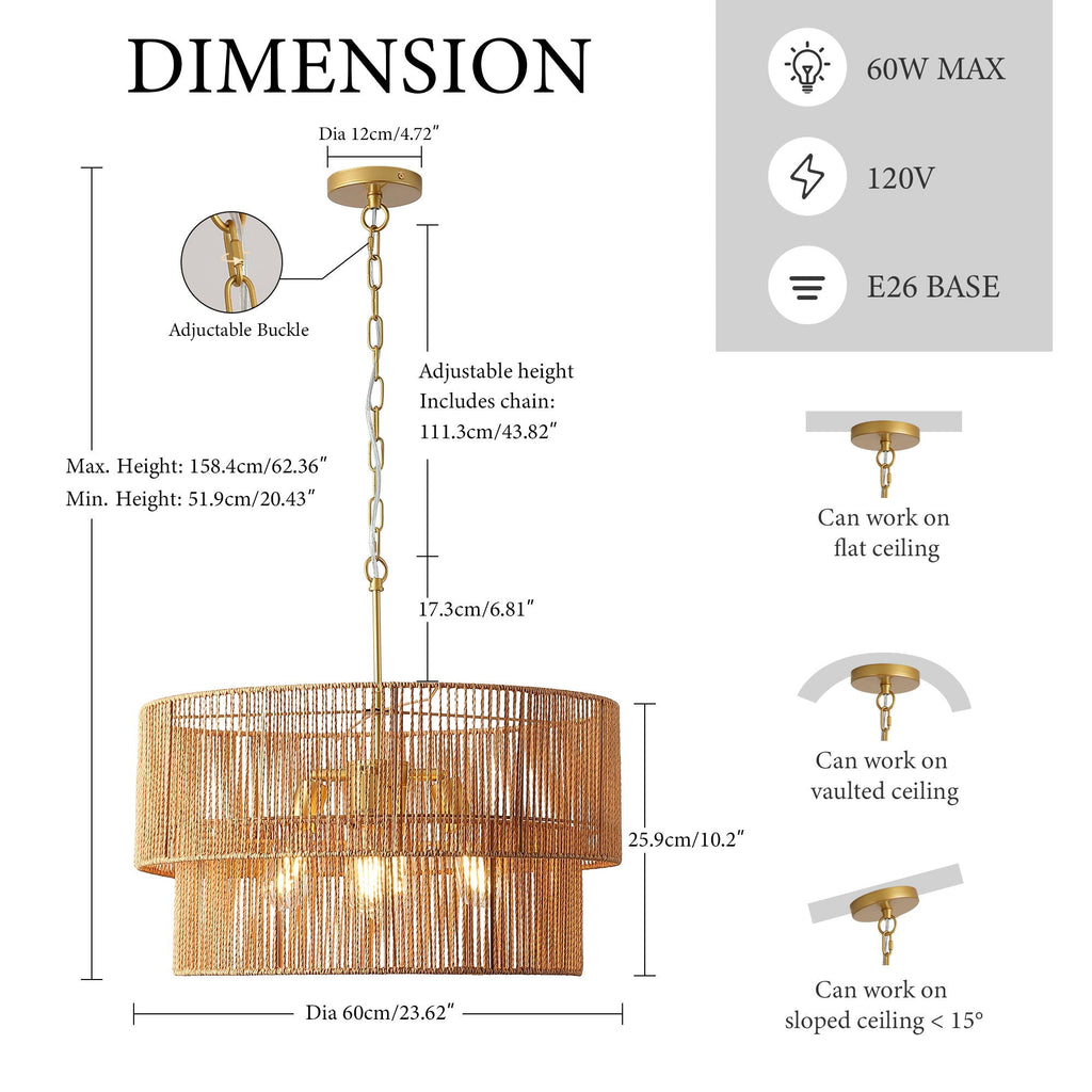 2 Tier Boho Wabi Sabi Chandelier with Handwoven Rattan Shade - Gold