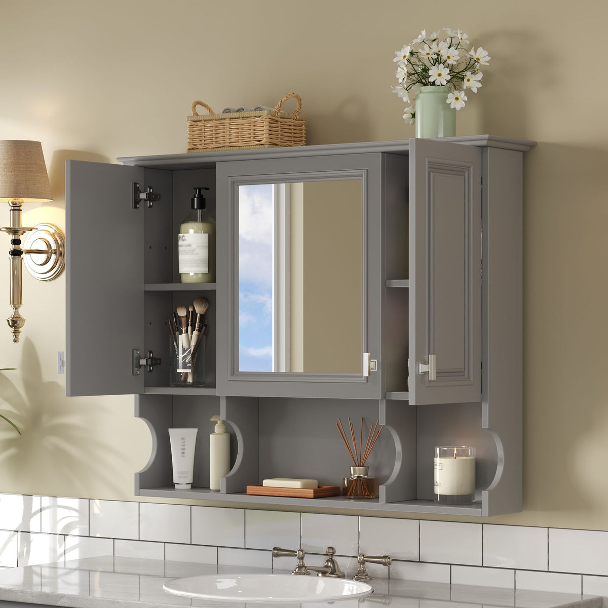 Wall Mounted Bathroom Medicine Cabinet With Mirror & Open Shelves