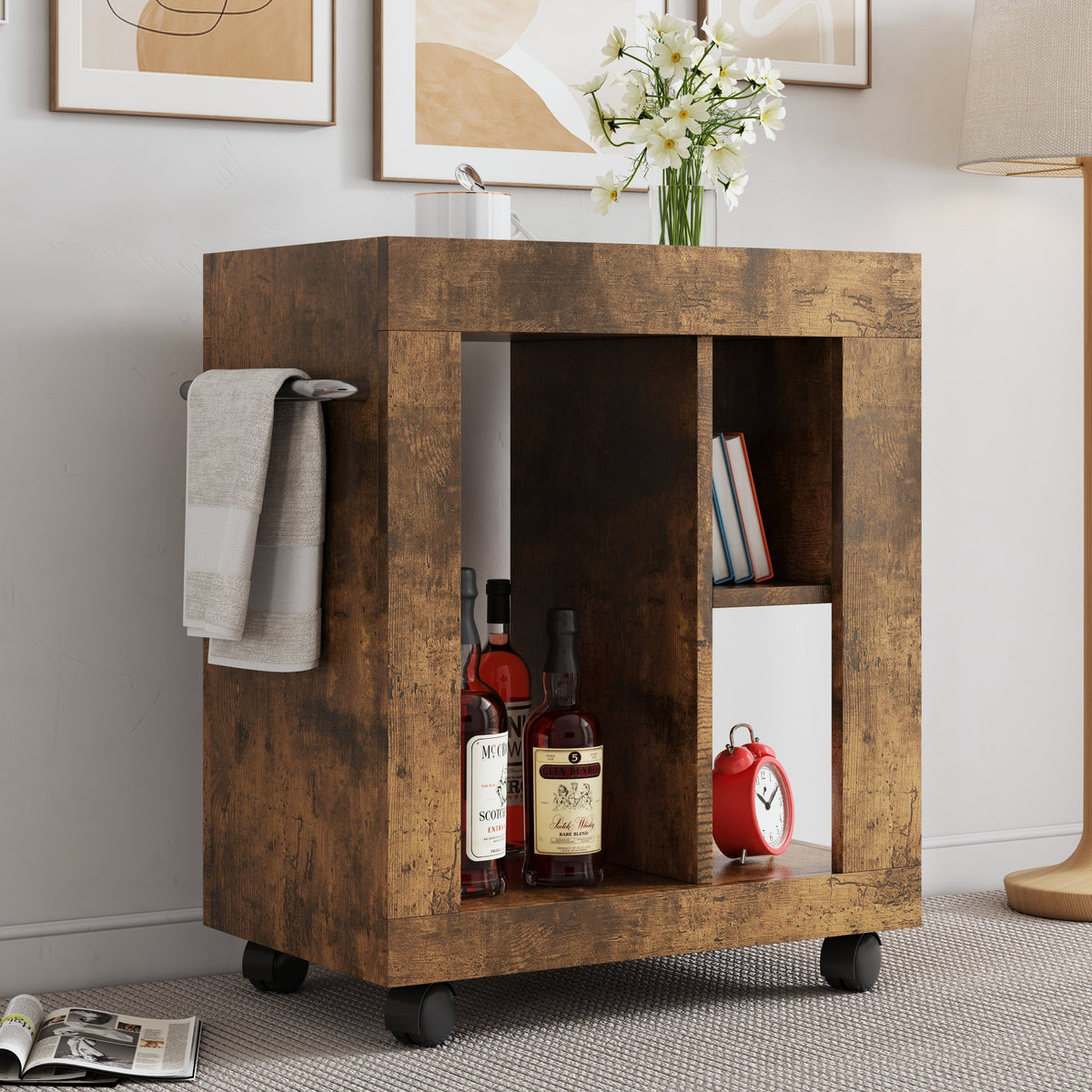 Mid-century Modern Movable Side Cabinet with Sliding Handle - Natural Rubberwood