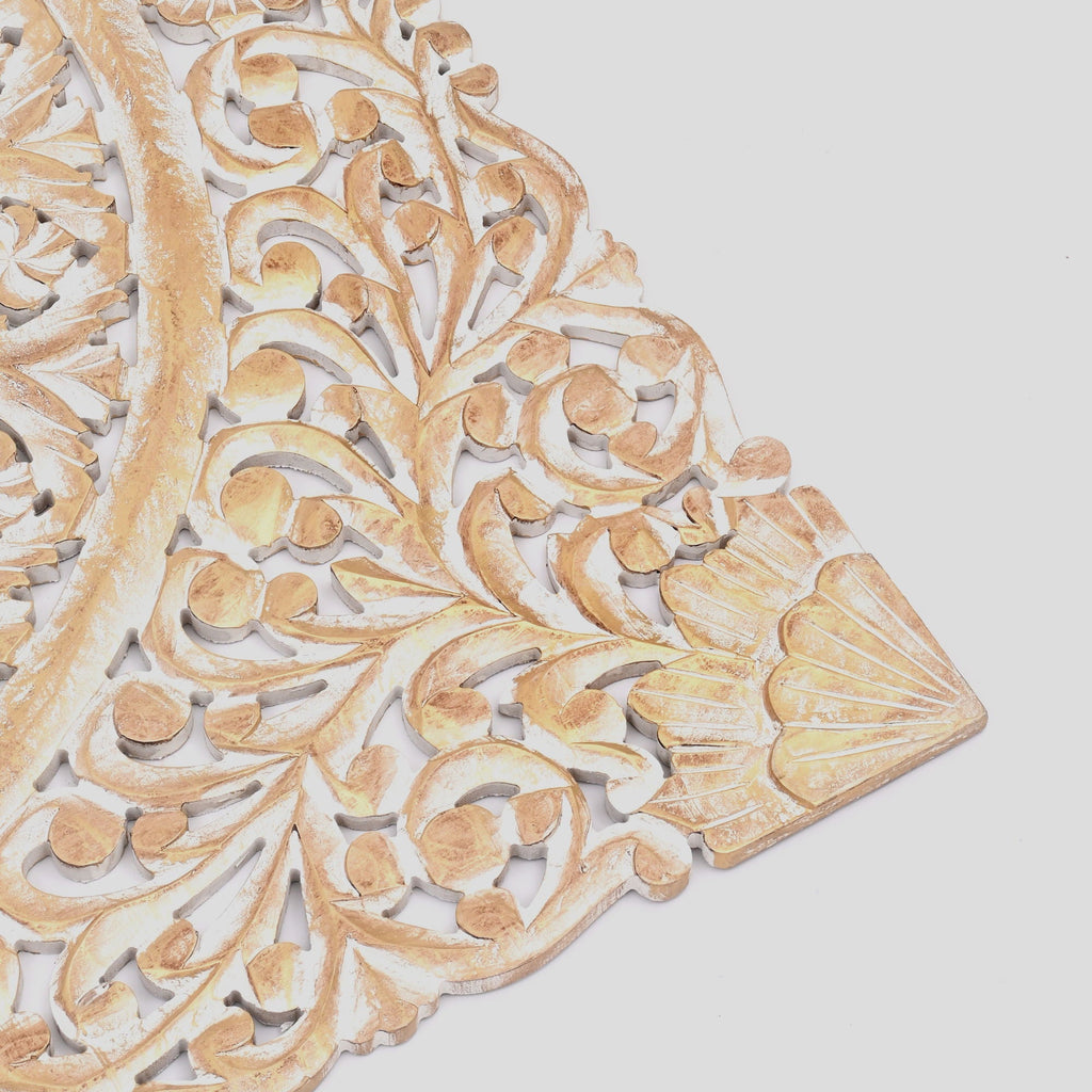 Floral Hand Carved Mandala Square Wall Decor with Spiritual Symbolism - Gold / White