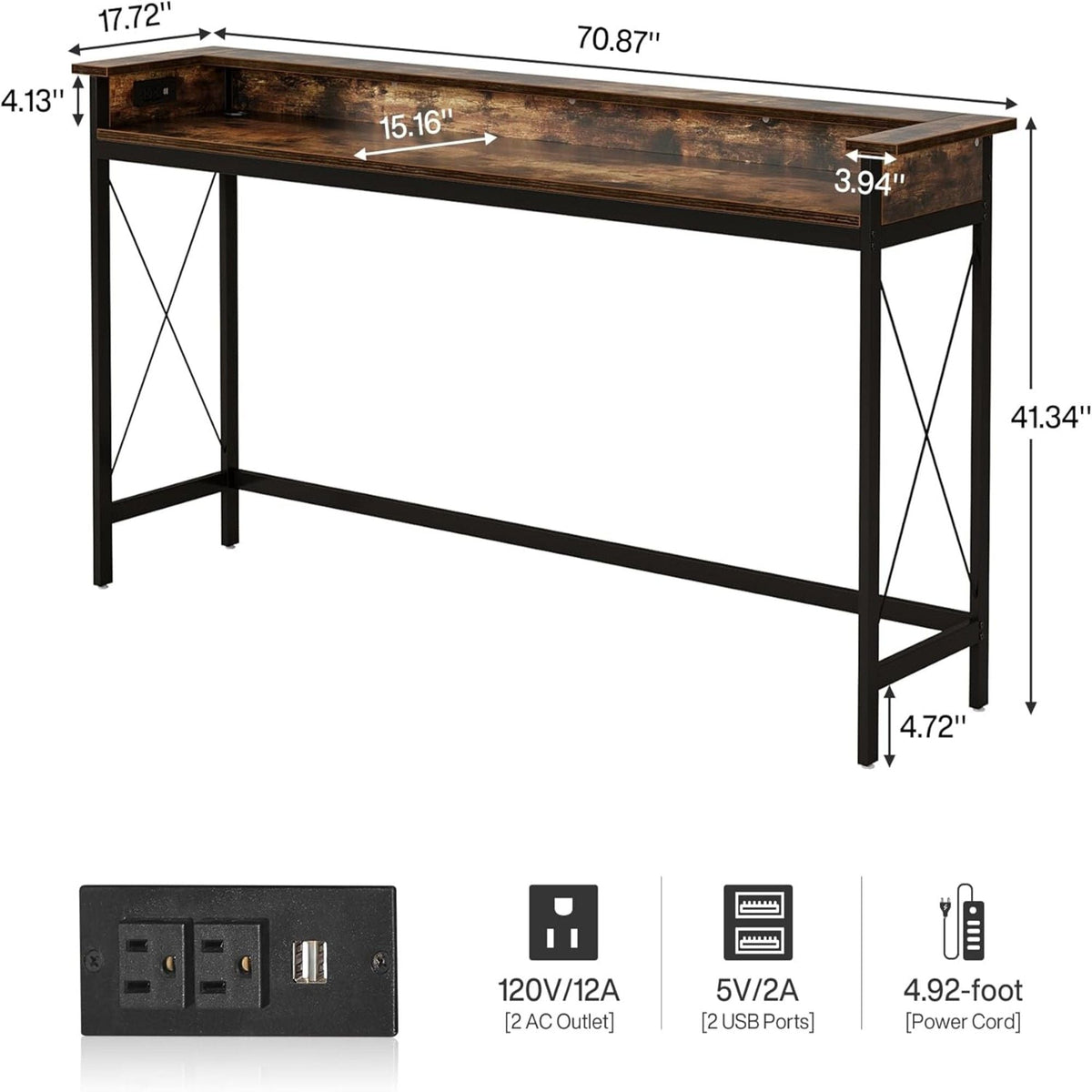 Extra Long Console Table with Charging Station - Brown/Black