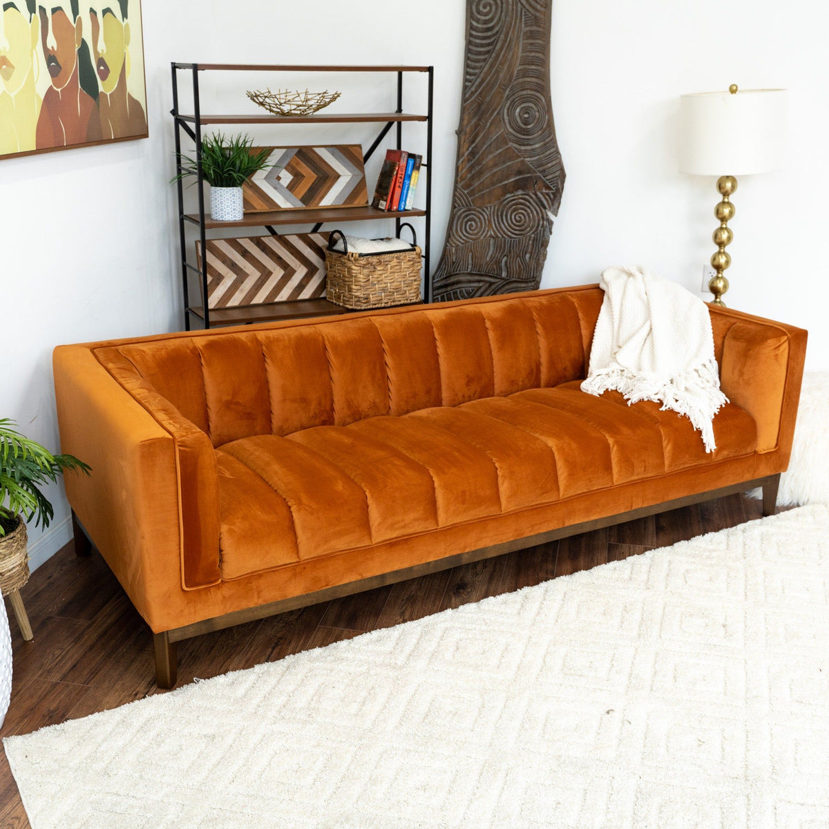 Mid Century Modern Sofa with Pet-Friendly Upholstery - White, Green, Orange