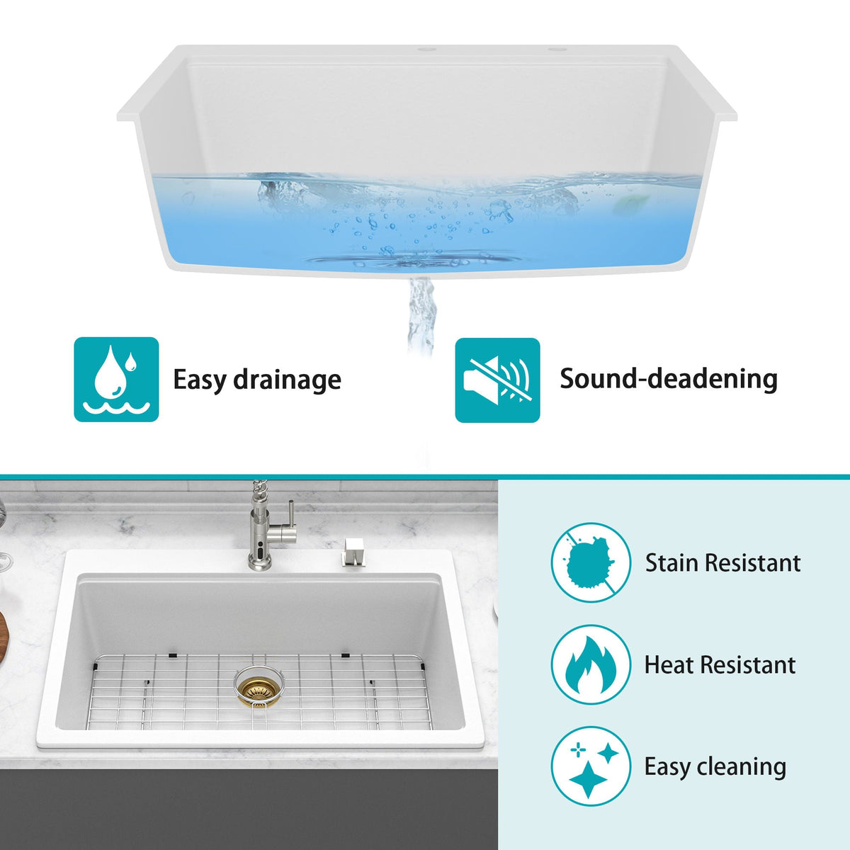 Granite Composite Quartz Kitchen Sink with Workstation - Drop In - Black or White
