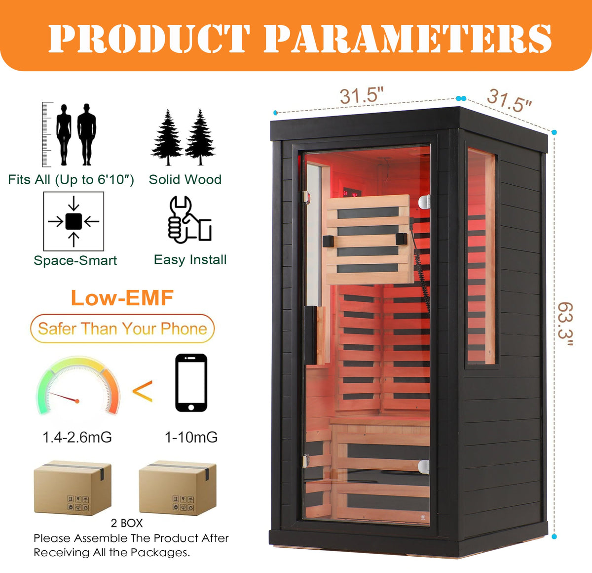 One-Two Person Far Infrared Sauna with 7-Color Therapy Lighting - Solid Wood