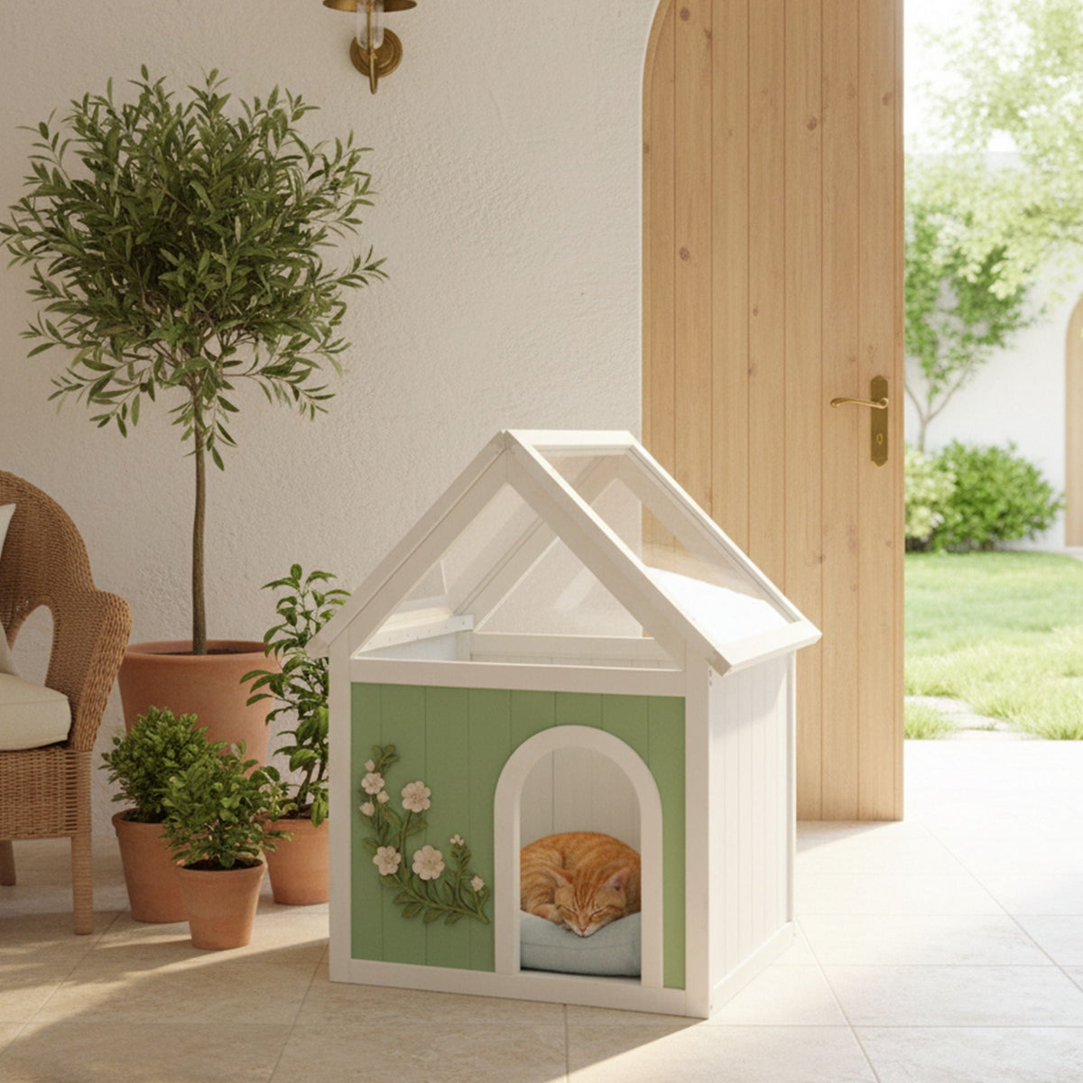 Indoor Cat House with Clear Roof - Mint / White