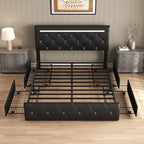 Upholstered Storage Bed Frame with LED Lights and Drawers – White or Black