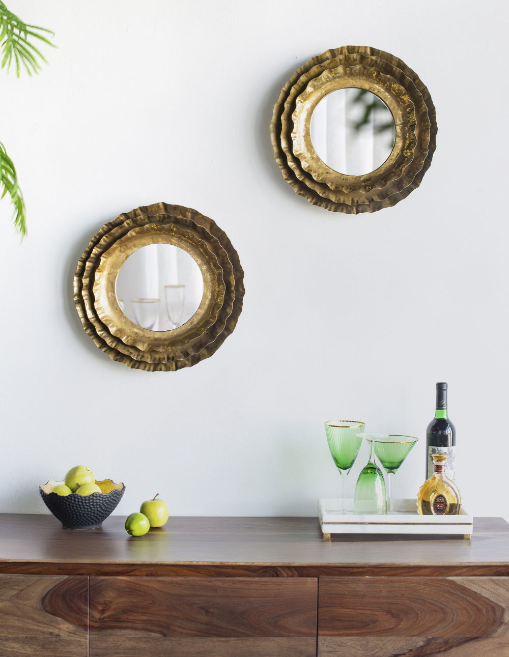 Round Wall Mirror with Metal Frame and Layered Flower Design - Gold