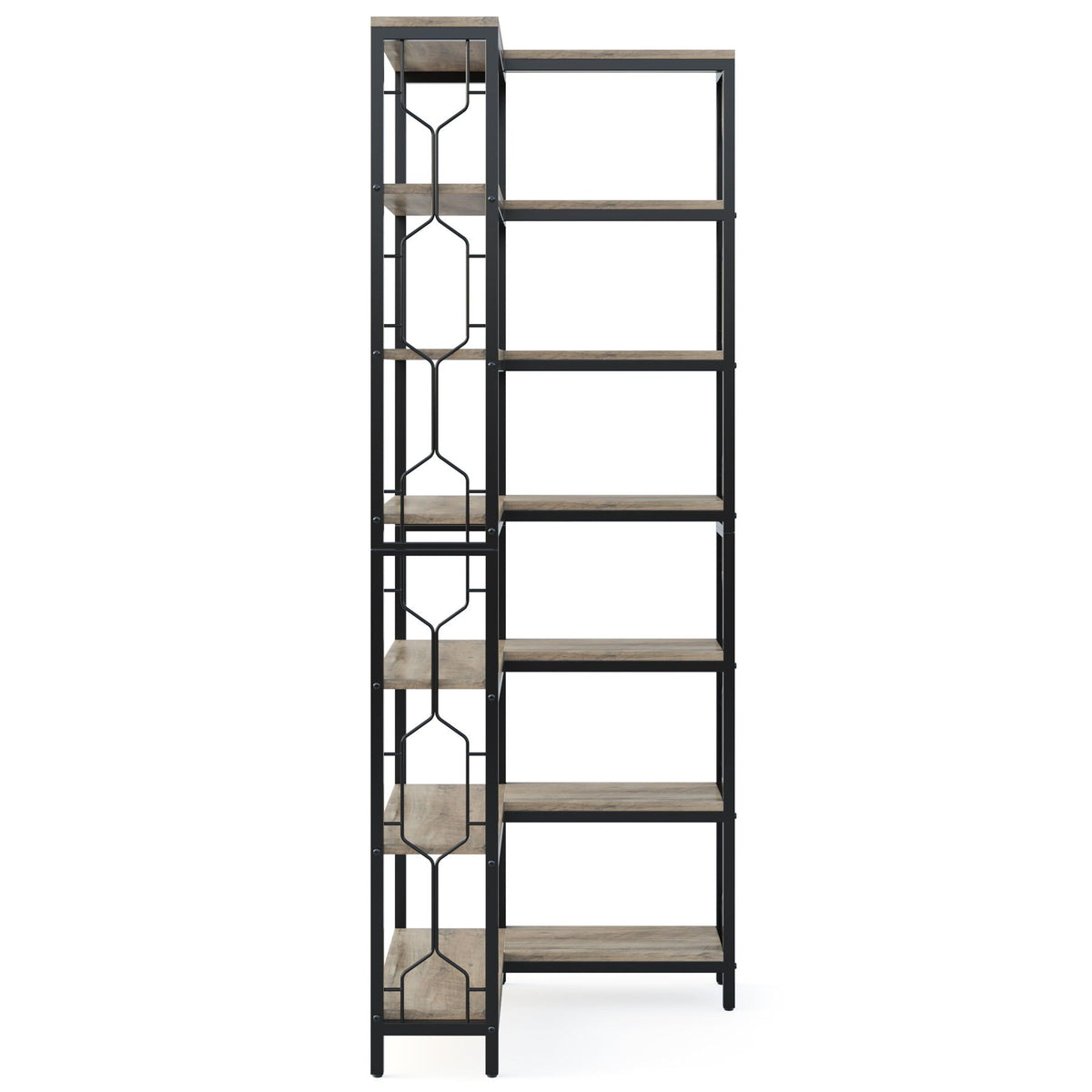 7 Tier Corner Bookshelf with Hexagonal Design - Dark Brown, White, Dark Gray