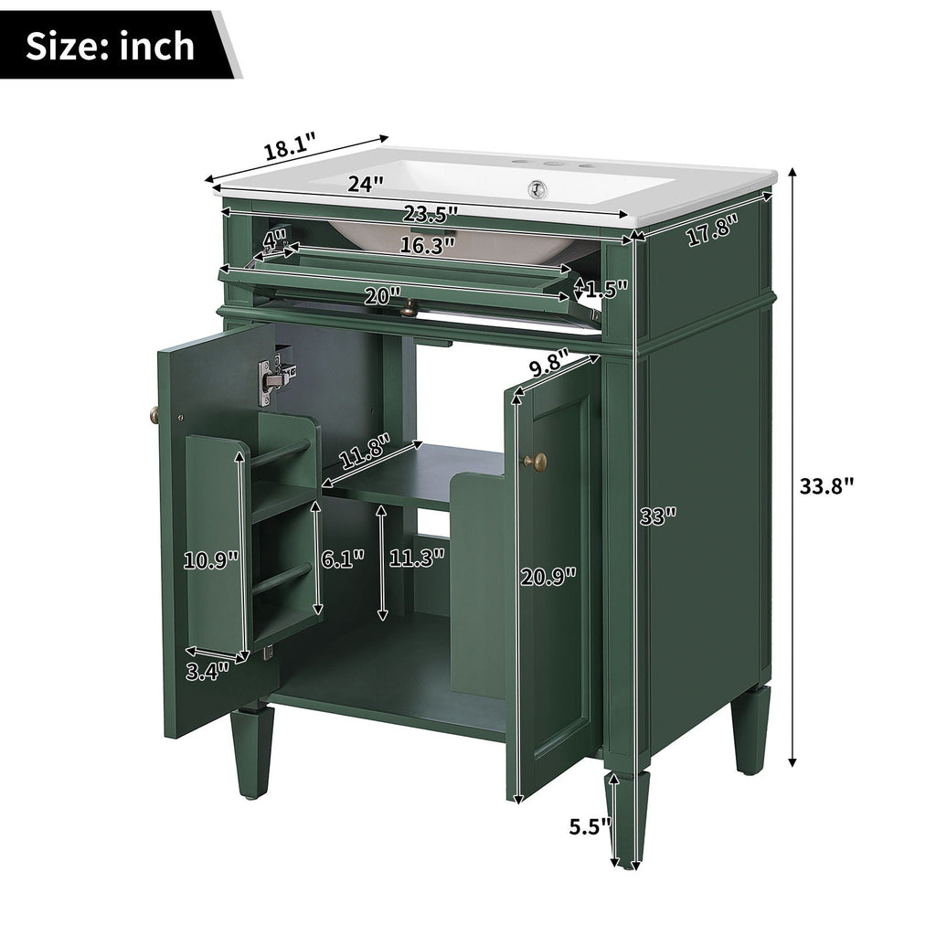 Bathroom Vanity with Solid Wood Frame and Tip Out Drawer - Black, White, Dark Green