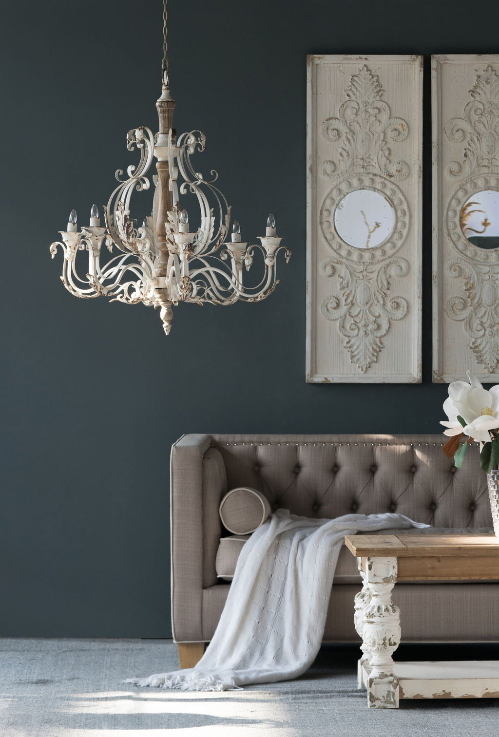 Large Wooden Wall Art Panels with Distressed Round Mirror Accents - White