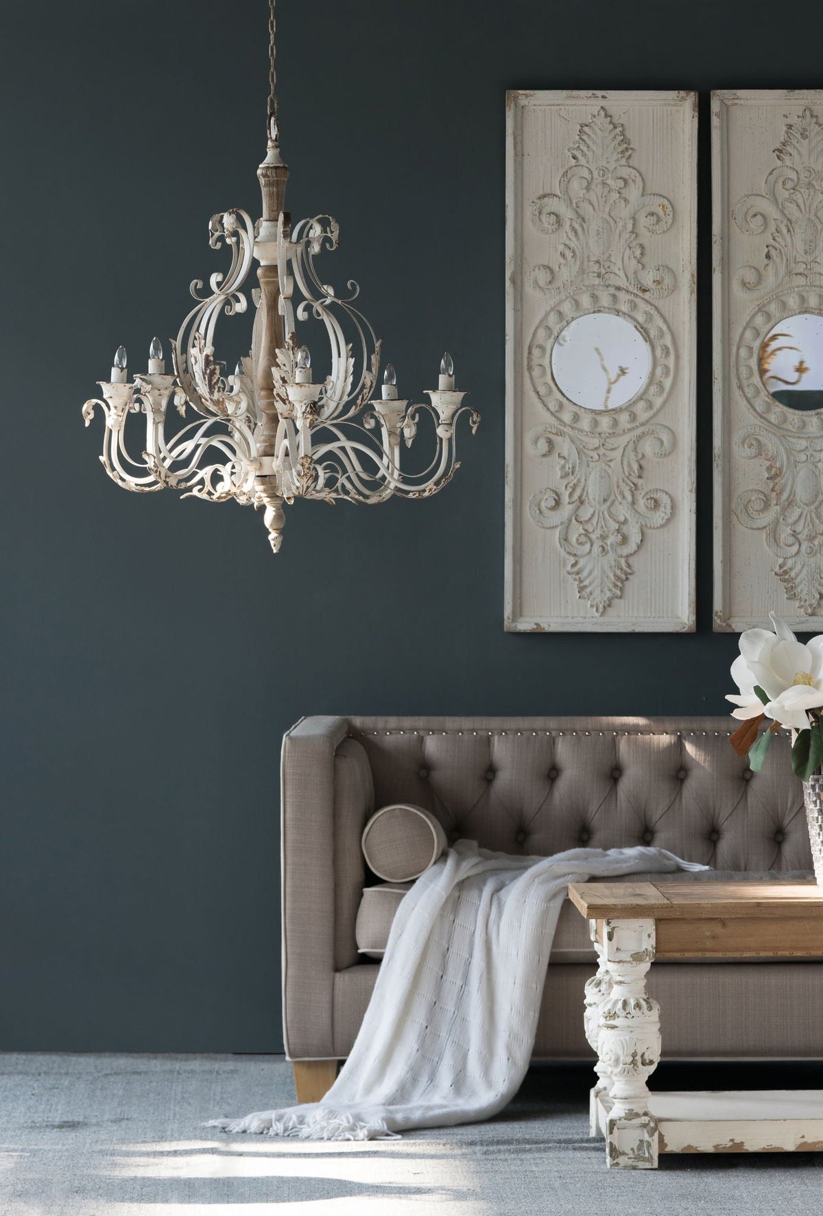 Large Wooden Wall Art Panels with Distressed Round Mirror Accents - White