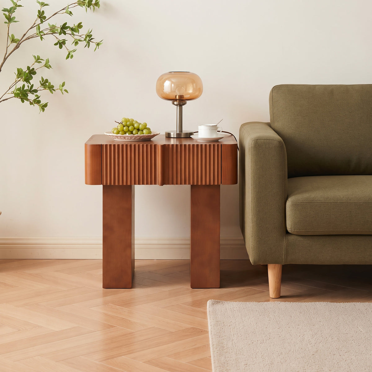 Wood End Table with Drawer with Fluted Front - Walnut