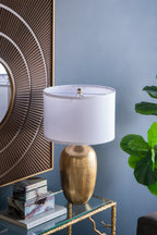 Round Aluminum Table Lamp with White Fabric Shade - Gold
