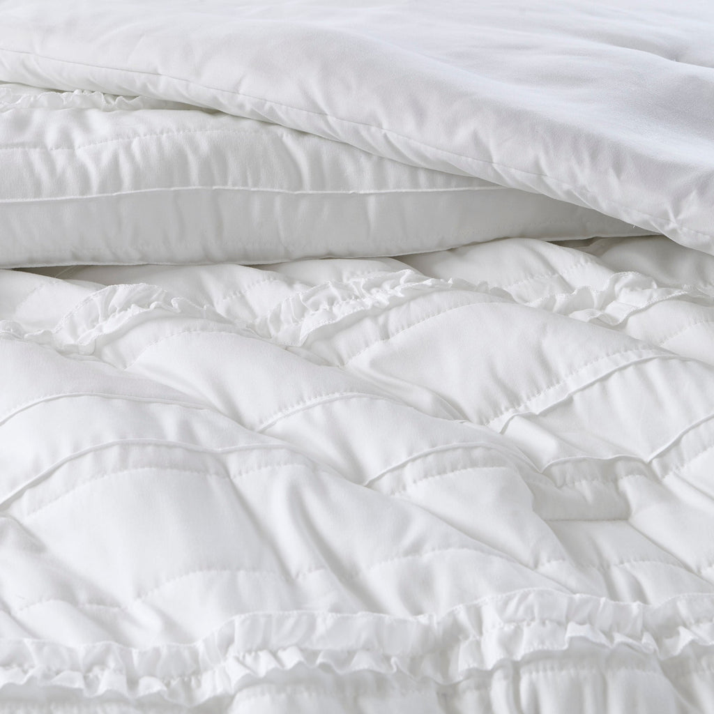 5 Piece Microfiber Ruffled Comforter Set with Hypoallergenic Fill - White