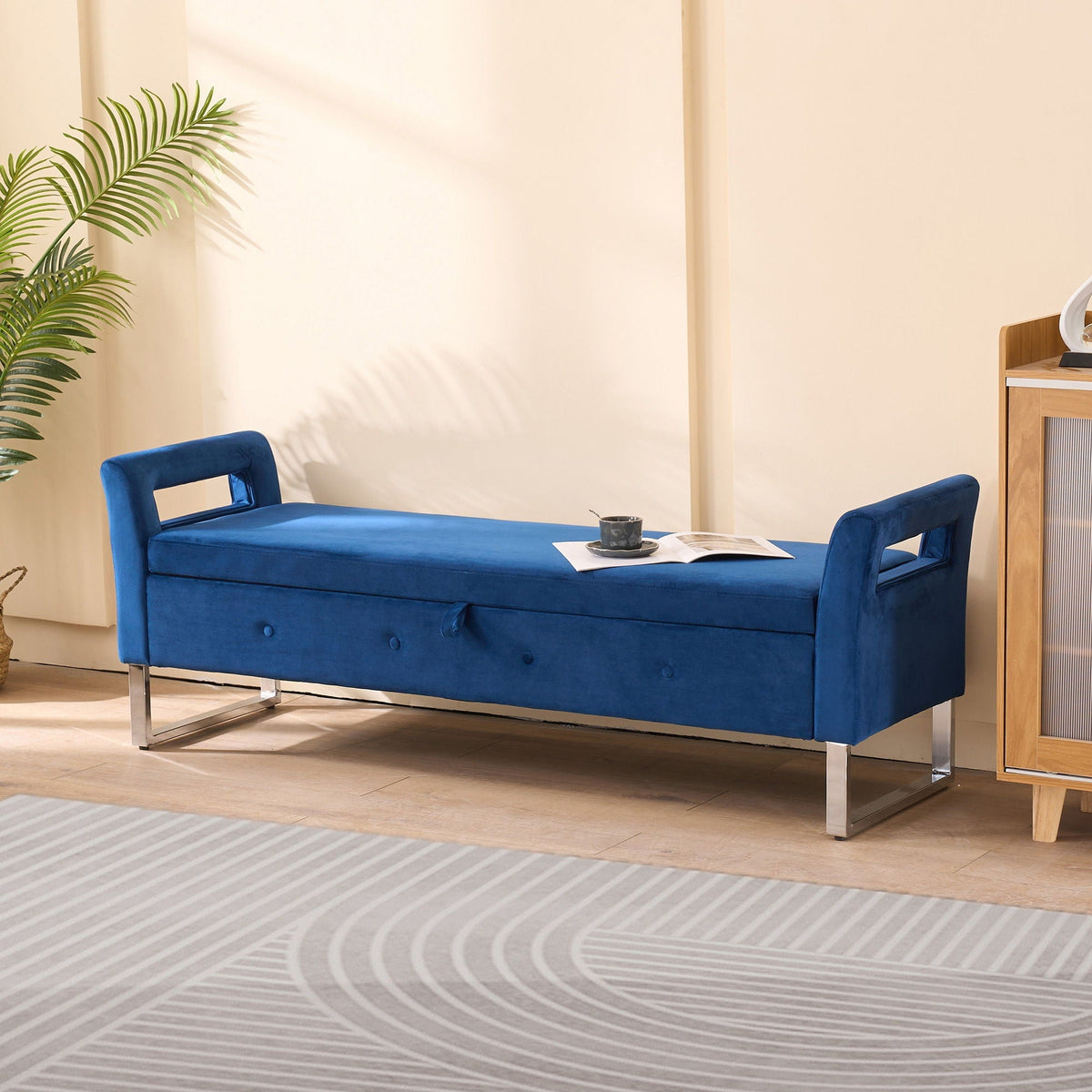 Wide Storage Ottoman Bench with Armrests - Fabric