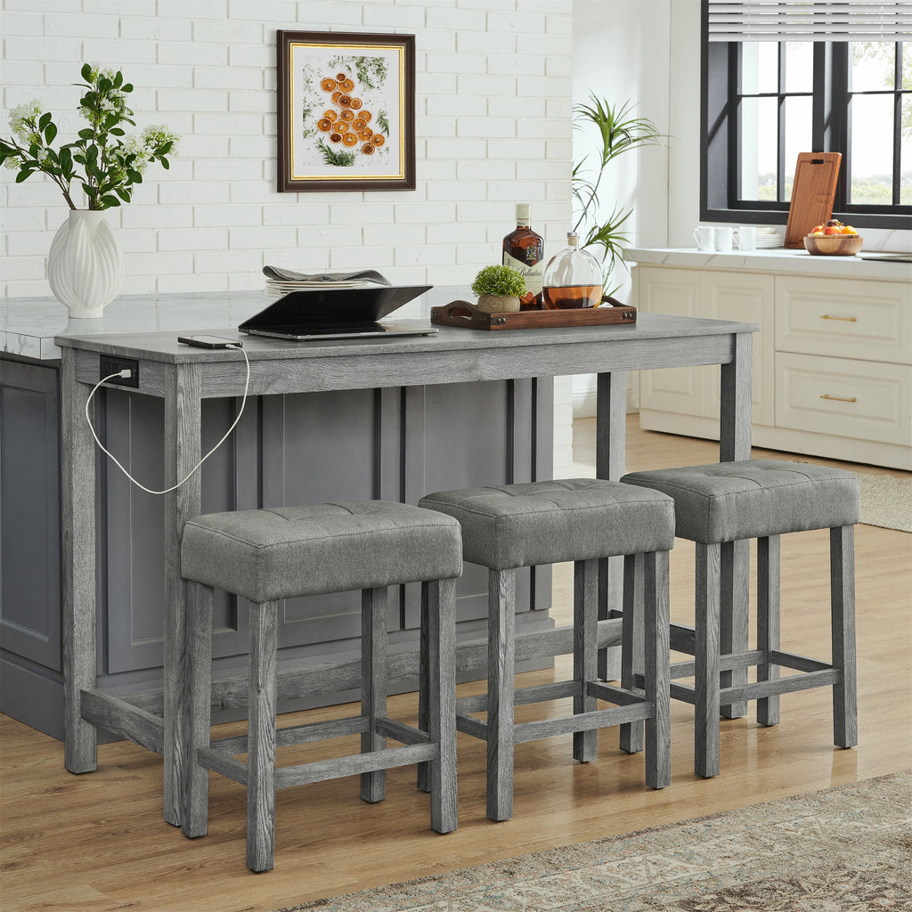 59 Inch Bar Table and Chair Set with Power Outlet - Solid Wood & MDF