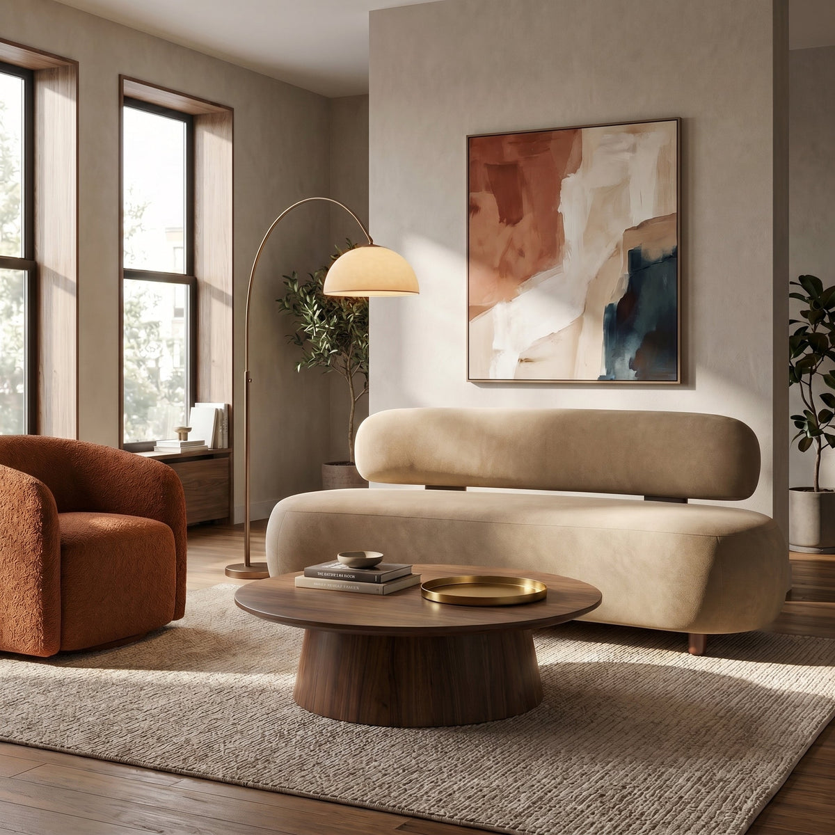 Modern Curved Upholstered Chenille Sofa with Wood Frame - Beige or Nomad