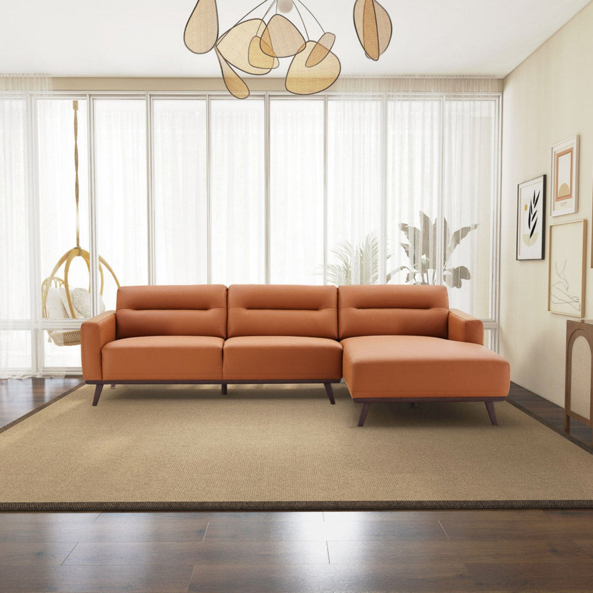 L-Shaped Sectional Couch with Solid Wood Frame and Vegan Upholstery - Yellow or Light Brown