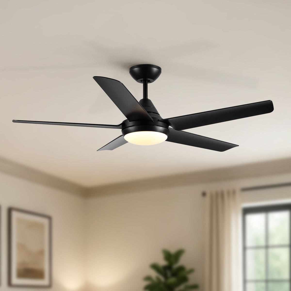 48" Black Ceiling Fan with Dimmable LED Light and Remote Control - Reversible Motor