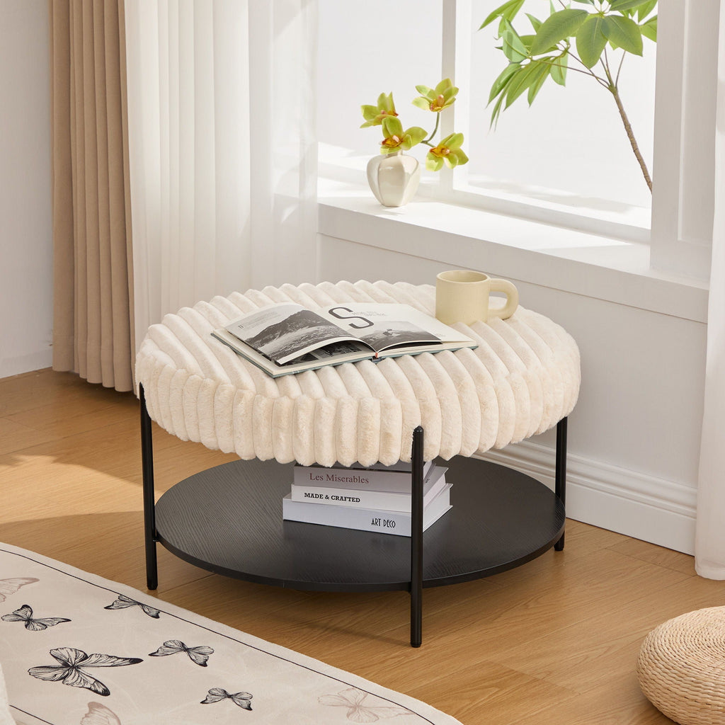 Modern Upholstered Round Ottoman Coffee Table with Storage Shelf - Fabric