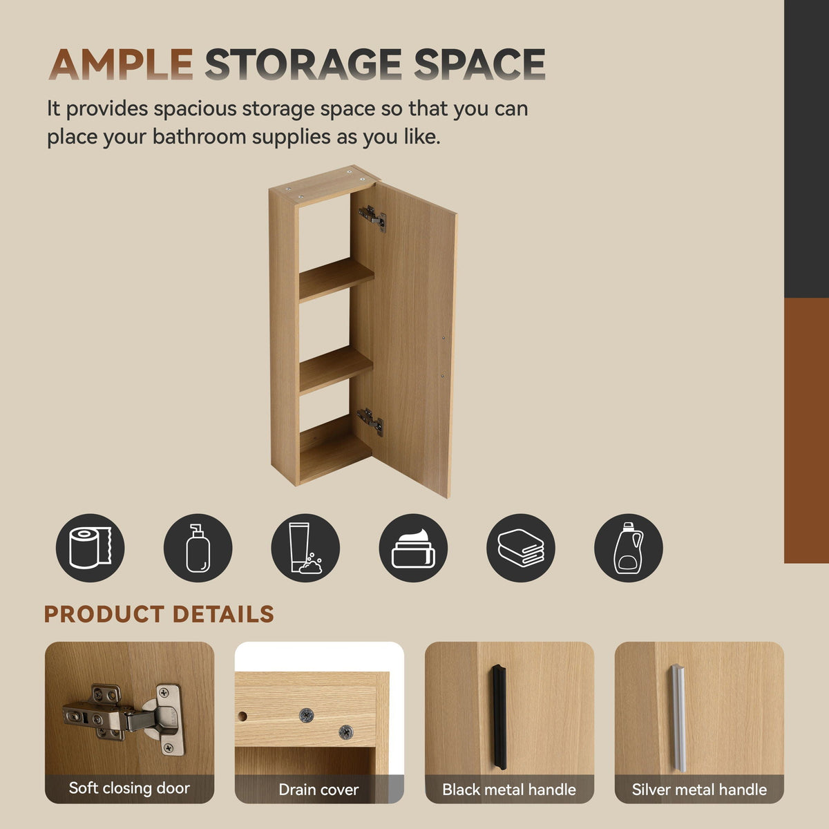 Tall Floating Bathroom Side Cabinet with Adjustable Shelving - Light Oak