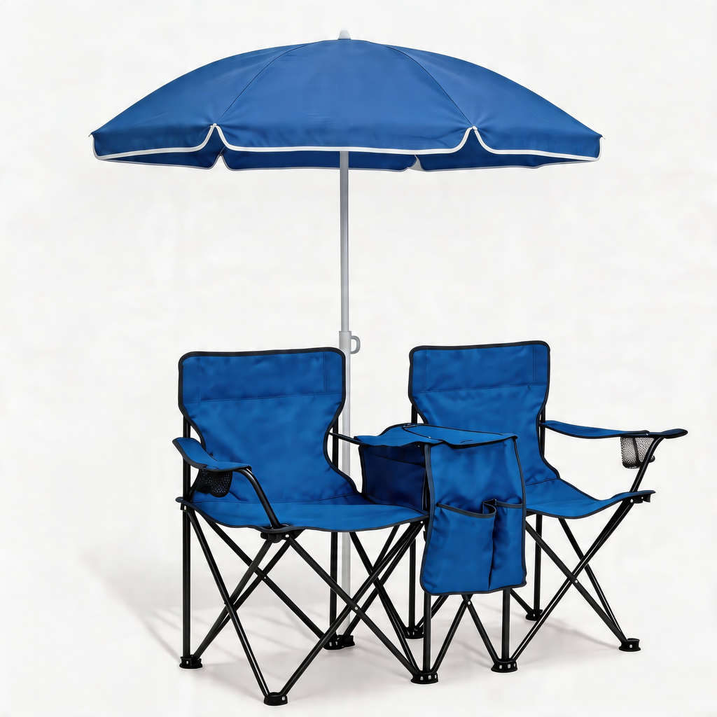 Portable Double Folding Beach Chair Set with Umbrella - Oxford Fabric