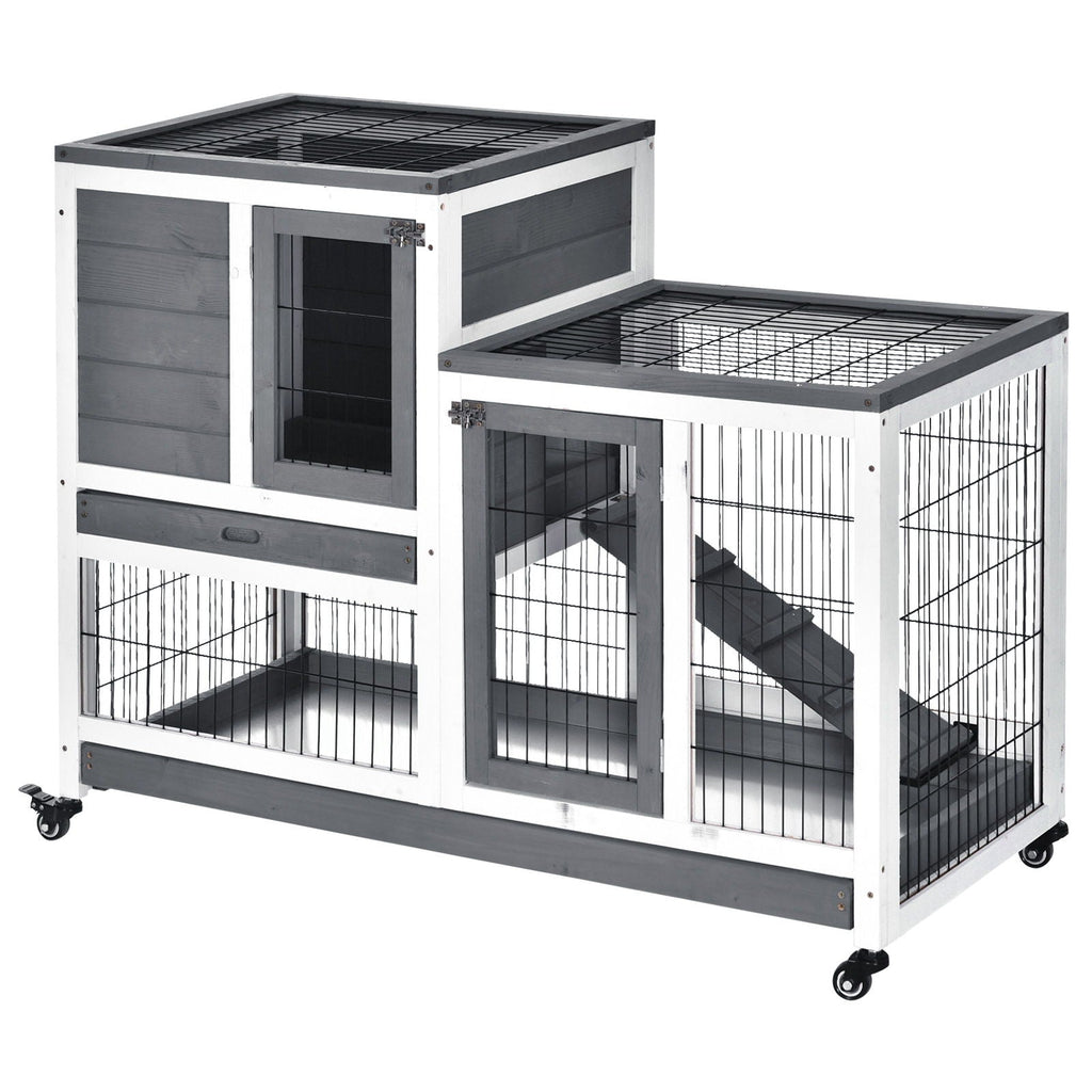 Wooden Rabbit Hutch with Wheels and Removable Tray - Gray
