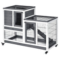 Wooden Rabbit Hutch with Wheels and Removable Tray - Gray