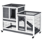 Wooden Rabbit Hutch with Wheels and Removable Tray - Gray