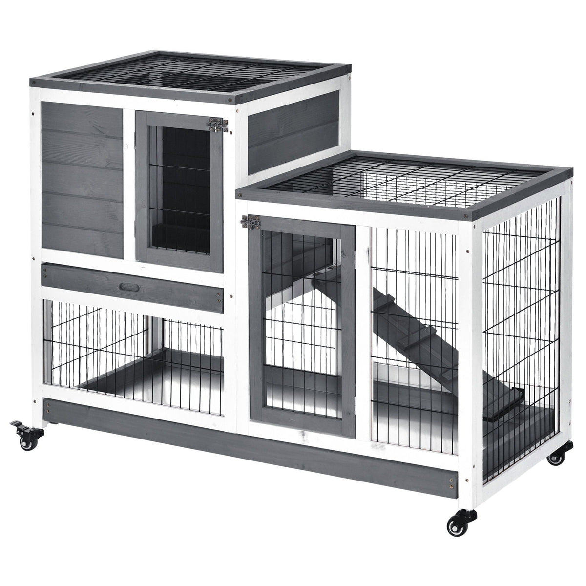Wooden Rabbit Hutch with Wheels and Removable Tray - Gray