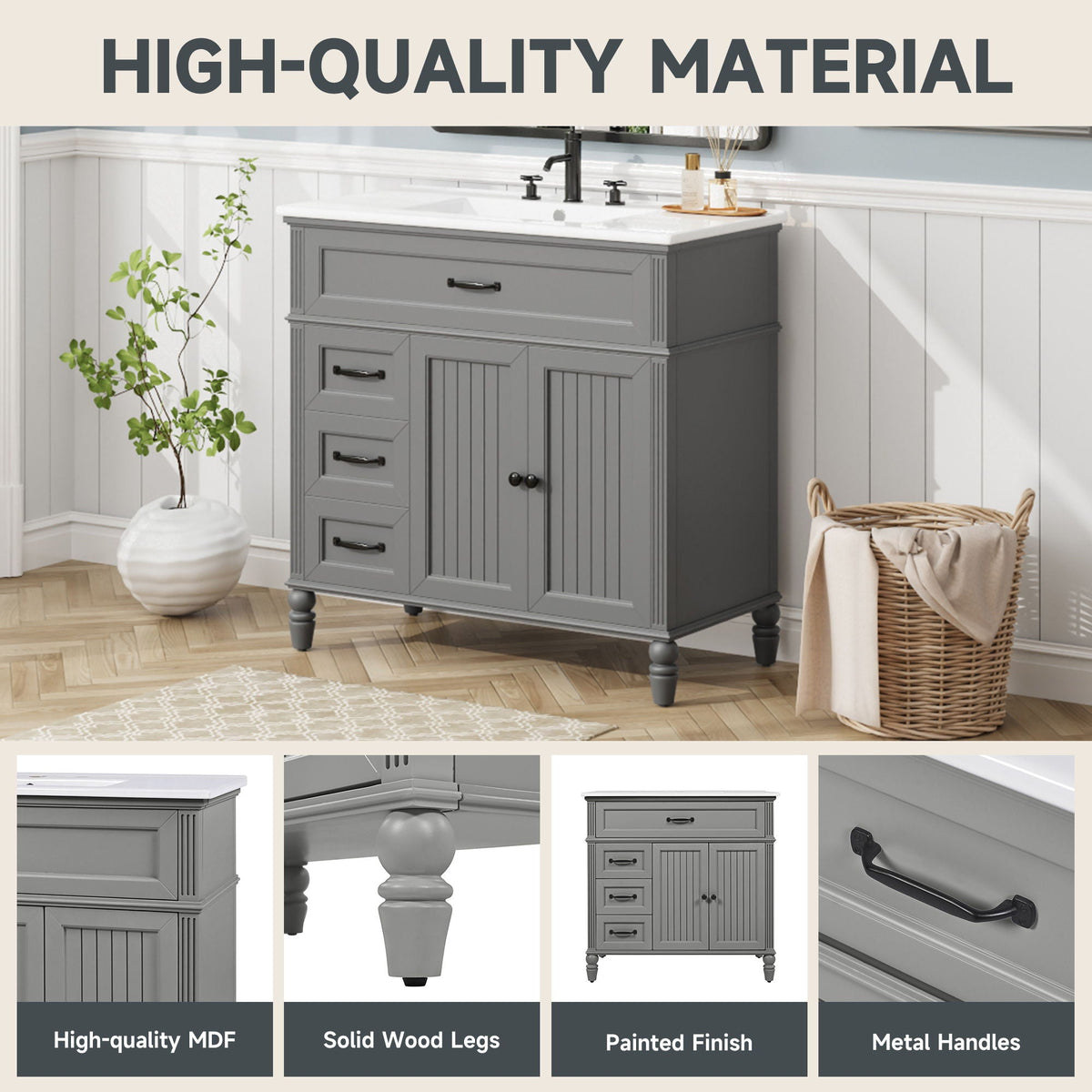 Bathroom Vanity With Sink and Drawers - Freestanding Solid Wood Cabinet