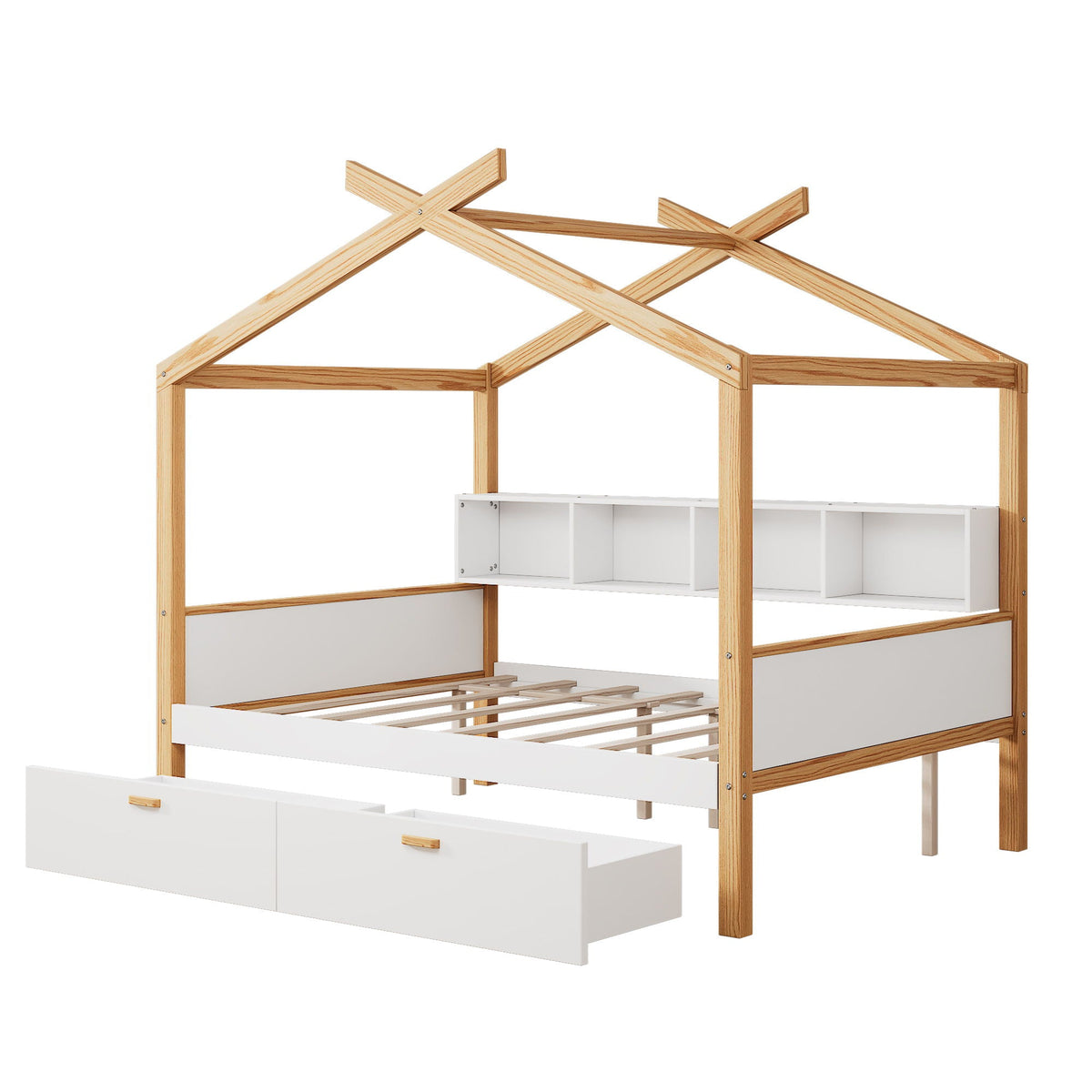 House Bed With Bookshelf Storage and Integrated Shelves - White