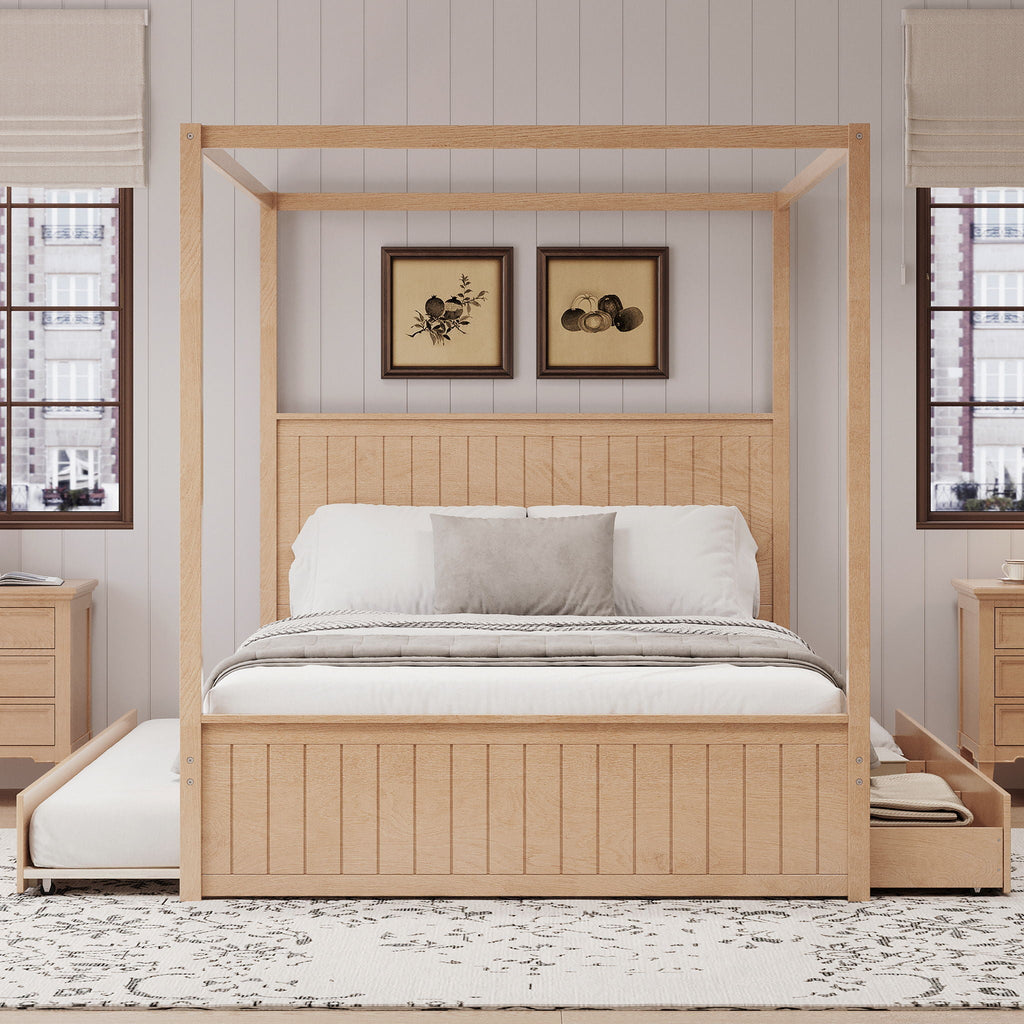Canopy Platform Bed with Trundle and 3 Storage Drawers - Queen, Solid Pine