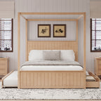 Canopy Platform Bed with Trundle and 3 Storage Drawers - Queen, Solid Pine