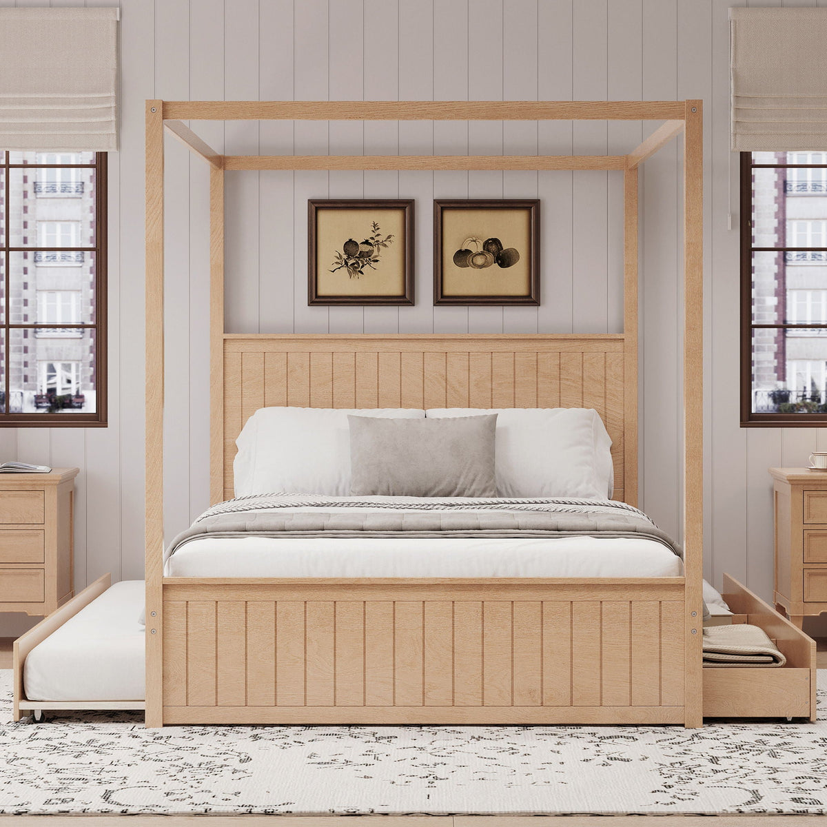 Canopy Platform Bed with Trundle and 3 Storage Drawers - Queen, Solid Pine