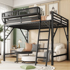 Full Size Loft Bed with Ladder and Storage Shelves - Black Metal