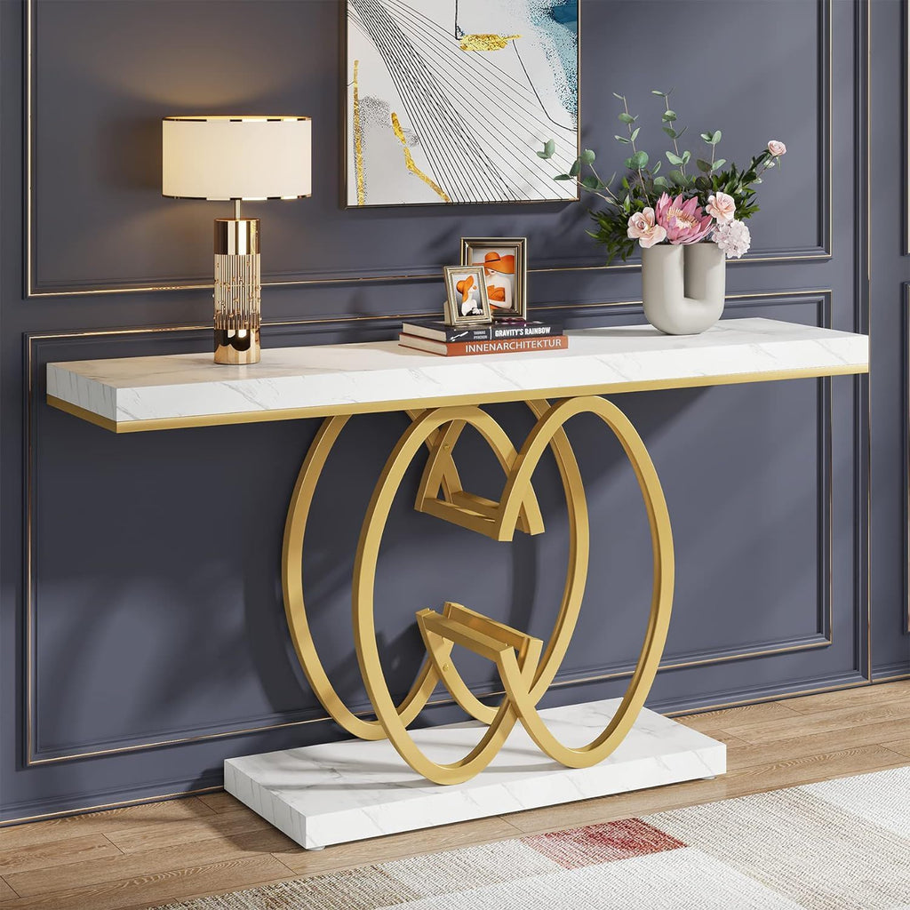 White and Gold Console Table with Geometric Base - Faux Marble
