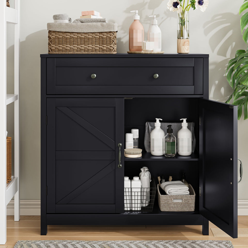 Farmhouse Storage Cabinet with Drawer and Adjustable Shelf - White or Black