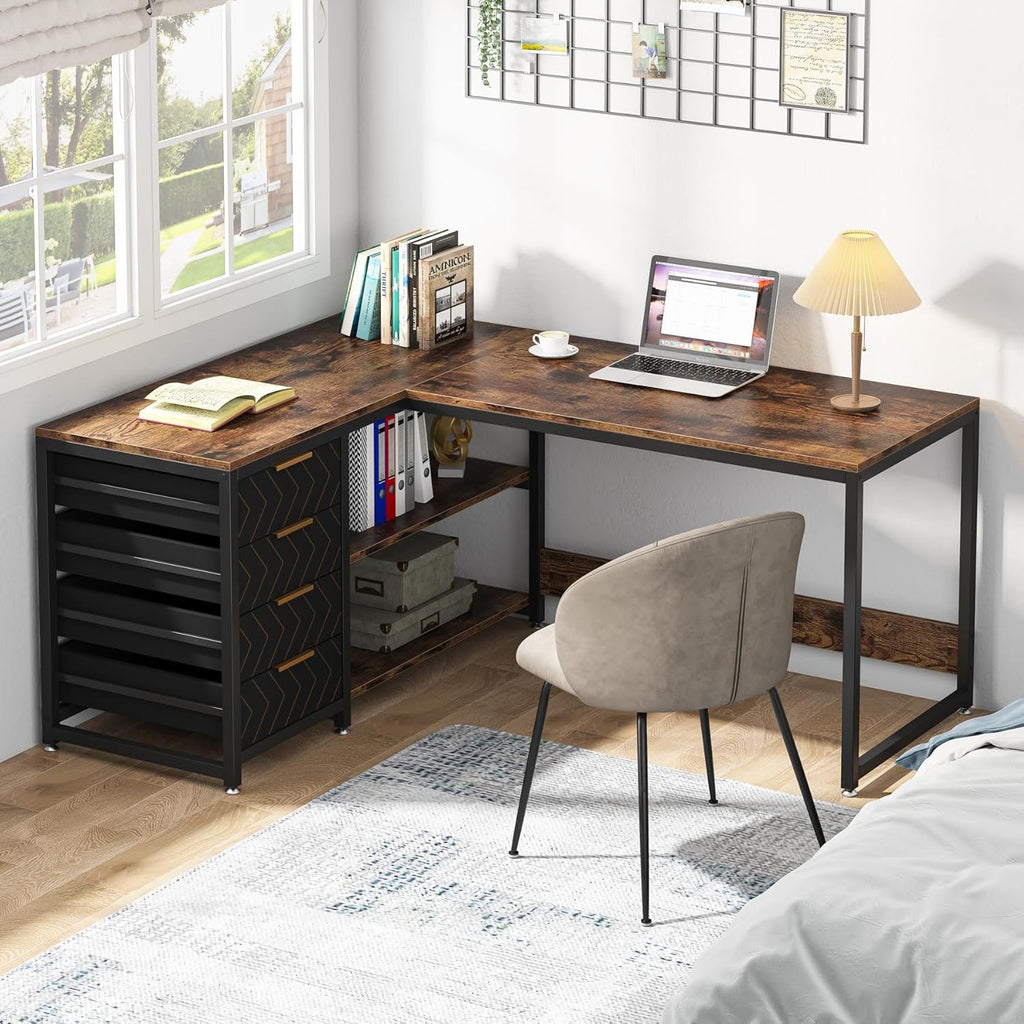 L-Shaped Computer Desk with Drawers and Shelves - Black or Dark Brown