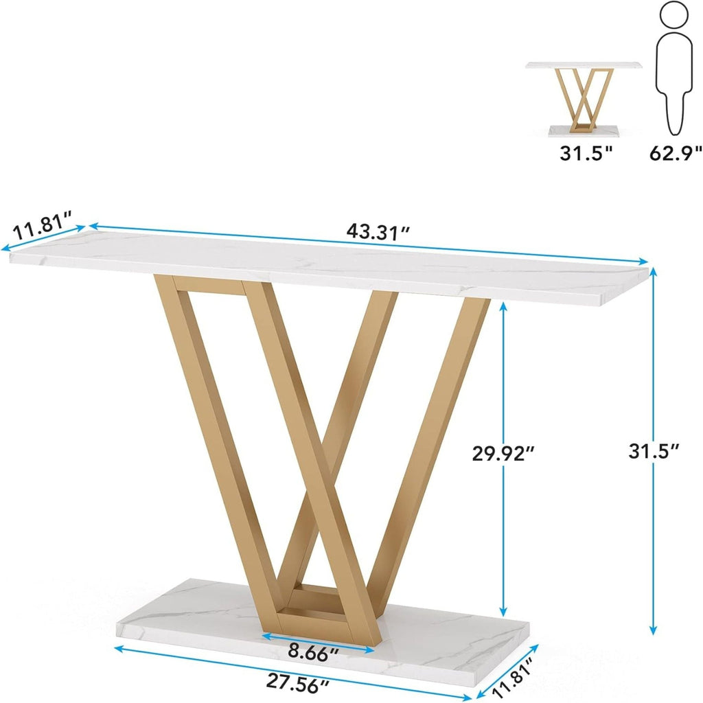 White Console Table with V Leg Frame - Gold