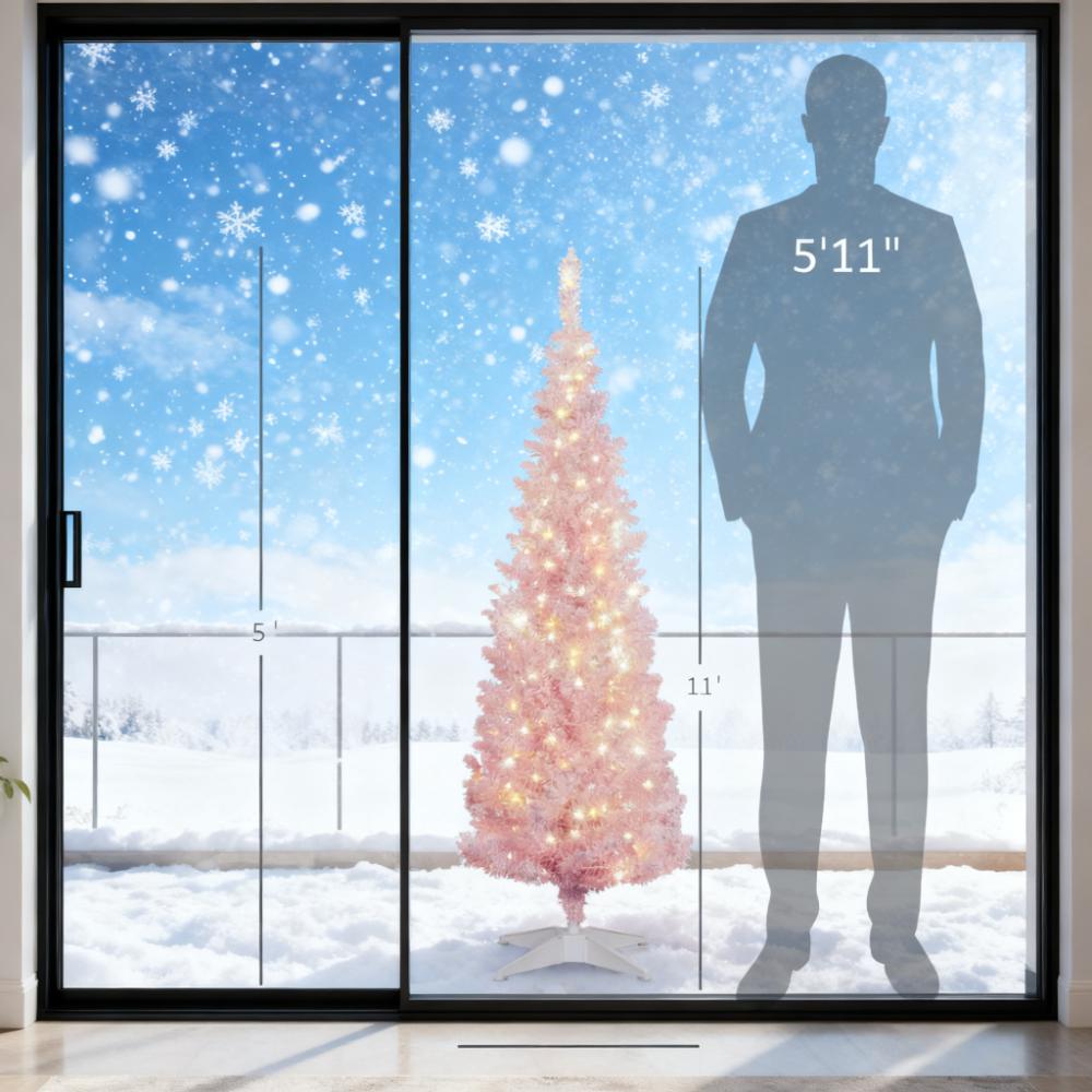 Pink 5ft Pencil Christmas Tree with Snow-Flocked Branches - Pink