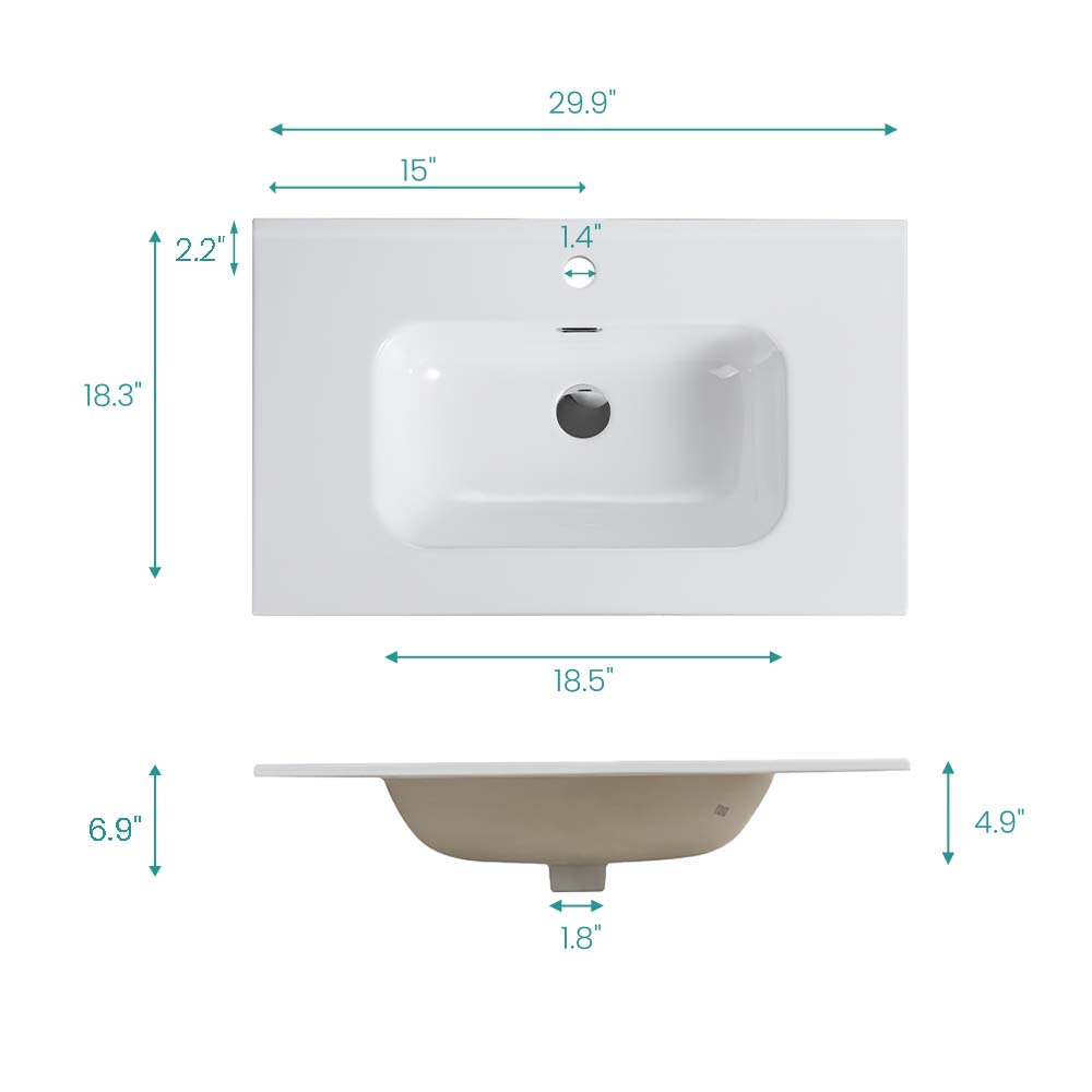 Glossy White Ceramic Integrated Bathroom Vanity Basin with Rounded Edges - White