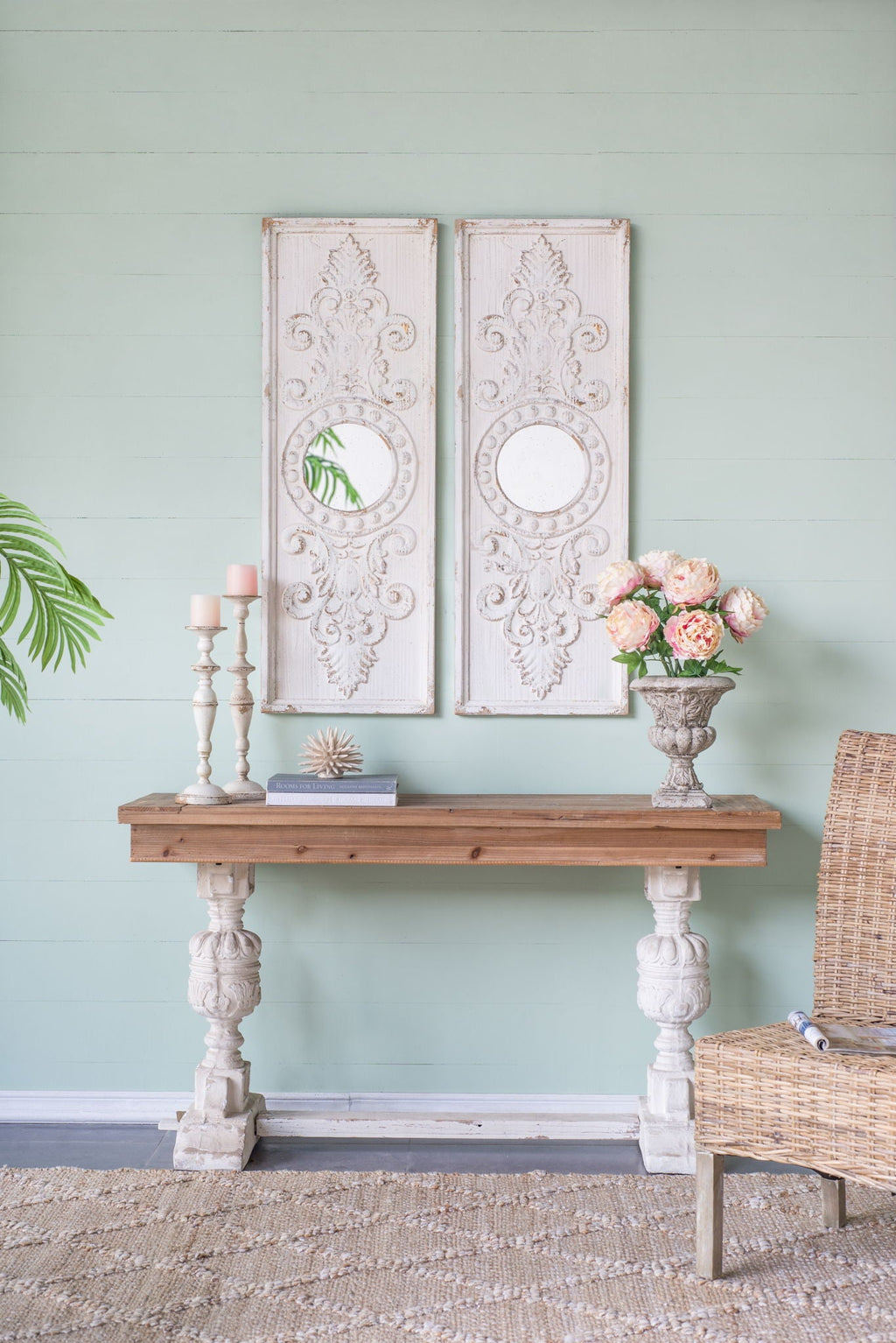Large Wooden Wall Art Panels with Distressed Round Mirror Accents - White