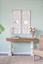 Large Wooden Wall Art Panels with Distressed Round Mirror Accents - White